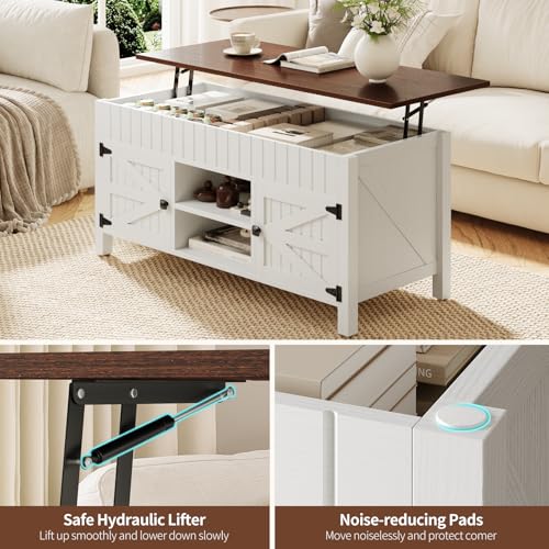 47.3“ Lift Top Coffee Table with Storage - White Coffee Tables for Living Room, Farmhouse Wood Center Table, Large Rectangle Middle Tables with Hidden Compartment & Adjustable Shelf - color: White and Walnut