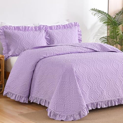 DJY Queen Quilt Set, Ruffled Bedding, Lavender Purple Bedspreads | Lightweight Soft Coverlet, 3 Piece Basket Weave Quilted Blanket Thin Quilt Bed Cover for All Season, 96''x90'' - color: Lavender, size: Queen
