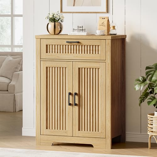Fluted Buffet Sideboard Cabinet with Storage, Buffet Table with Drawer | Modern Buffet Table with Drawer & Doors, Wood Coffee Bar Console Table with Adjustable Shelf for Kitchen, Natural Oak - color: Natural Oak, size: 2 Doors & Drawer
