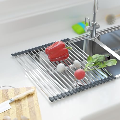 Expandable Roll Up Dish Drying Rack Over The Sink Rack, Large Dish Drainer Rack for Stainless Steel Sinks, Non-Slip Silicone Collapsible Rack 18 Tube for Kitchen, Sliver Gray - color: Gray+silver Expandable