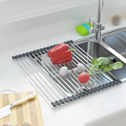 Expandable Roll Up Dish Drying Rack Over The Sink Rack, Large Dish Drainer Rack for Stainless Steel Sinks, Non-Slip Silicone Collapsible Rack 18 Tube for Kitchen, Sliver Gray - color: Gray+silver Expandable