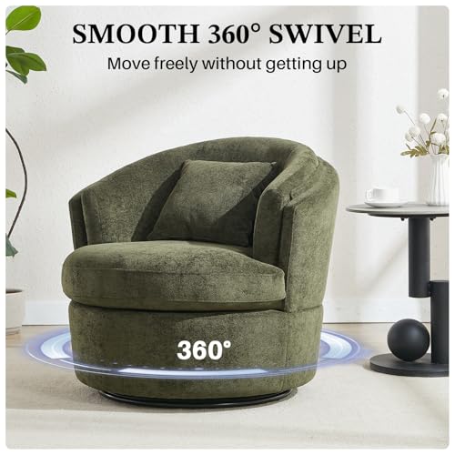 Swivel Accent Chair, Widened Round Barrel Chair with Pillow | Wide Padded Seat, Upholstered Polyester, Silent 360° Swivel Barrel Armchair for Living Room Bedroom Reading Nook, Green - color: Green