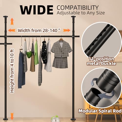 Room Divider, Tension Curtain Rod No Drilling,4-10ft(H) 28-140inch(W) Wall Divider for Room Separation, Heavy Duty Room Partition Separator, Adjustable Folding Privacy Screens,Black