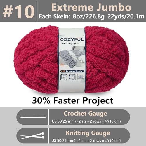 Cozyful Chunky Yarn for Hand Knitting - #10 Chunky Chenille Yarn, Jumbo Big Thick Chunky Yarns for Crocheting, Super Bulky Chunky Knit Blanket Yarns, 8 Skein (22 yds 8 oz Each Skein), Cherry Red - color: Cherry Red