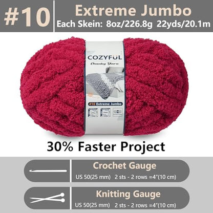 Cozyful Chunky Yarn for Hand Knitting - #10 Chunky Chenille Yarn, Jumbo Big Thick Chunky Yarns for Crocheting, Super Bulky Chunky Knit Blanket Yarns, 8 Skein (22 yds 8 oz Each Skein), Cherry Red - color: Cherry Red
