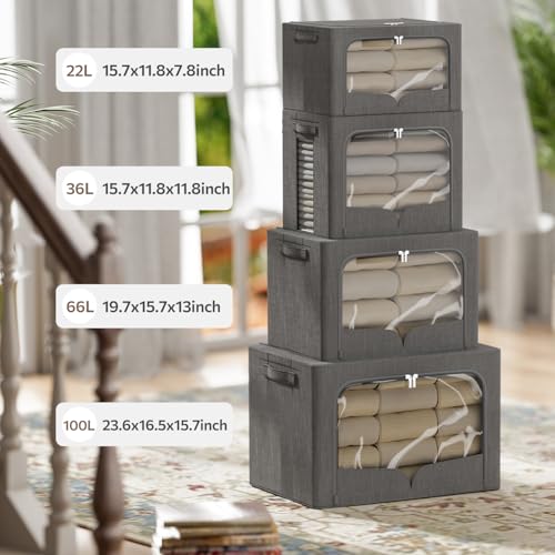 FHSQX 3 Pack Clothes Storage Bins with Metal Frame | Dark Gray, 19.7x15.7x13inch (66L) Foldable , Stackable, Linen Fabric, Carrying Handles, Clear Window - color: Dark Gray, size: 19.7x15.7x13inch(66L)