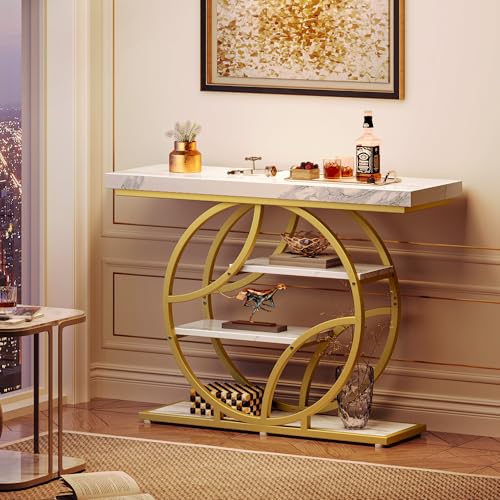 Huuger 41.3 Inch Entryway Table, Console Table with Shelves, Sofa Table | Entrance Table, Console Tables for Entryway, Hallway, Entrance, Foyer, Living Room, O-Shaped Hall Table, White Marble & Gold - color: Marble Gold, size: 11.8"D x 41.3"W x 31.5"H