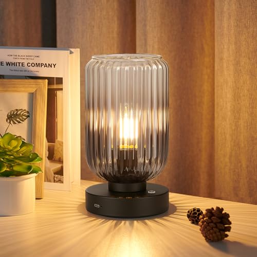 LightRound Cordless Table Lamp for Bedroom, Touch Stepless Dimmable | 7500mAh Rechargeable Battery, Gray Glass Shade, Matte Black Base, Bulb Included, Modern Wireless Lamp for Desk, Living Room - color: Gray Glass-Matte Black Base
