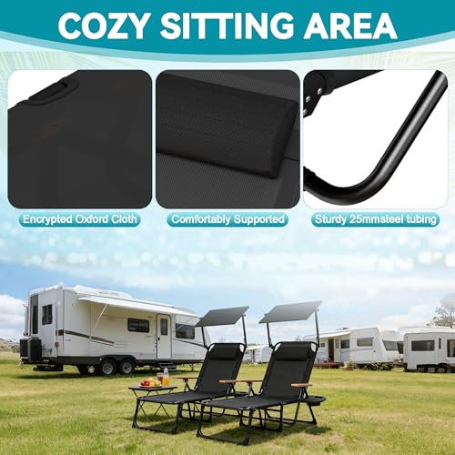 Beach Lounge Chair, Folding Outdoor Chaise Lounge Chair with Arms, 4-Position Backrest, Extended Sun Tanning Chair Pillow & Cup Holder, Patio Lounger for Outside for Beach Pool Patio Yard (Black-U) - color: Black-u