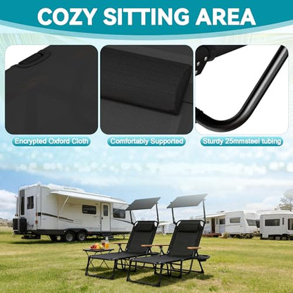 Beach Lounge Chair, Folding Outdoor Chaise Lounge Chair with Arms, 4-Position Backrest, Extended Sun Tanning Chair Pillow & Cup Holder, Patio Lounger for Outside for Beach Pool Patio Yard (Black-U) - color: Black-u