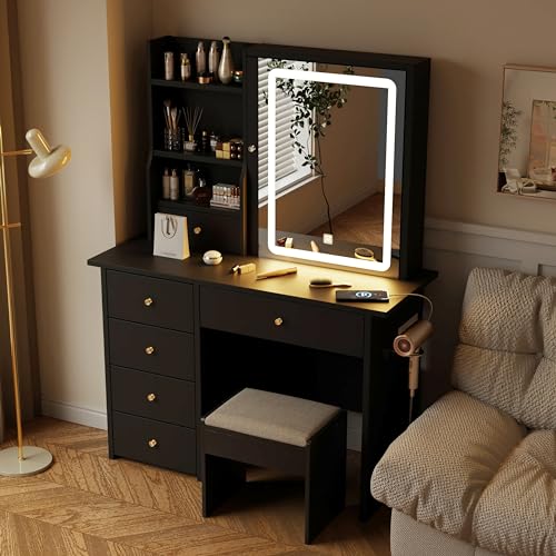 Vanity Desk with Mirror and LED Lights, Makeup Vanity Set with Power Outlet, and Stool,Jewelry Storage,Black Vanity Desk for Bedroom - style: Black