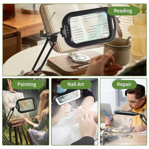 ‌10X 30X Large Square Magnifying Glass with Light and Stand/Clamp | 60 LED Lighted Magnifier, Hands Free 360° Rotatable Desk Lamp for Close Work Reading Craft Hobby Painting Sewing