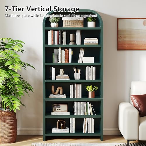 LEVNARY 70" Tall Arched Bookcase, 7-Tier Freestanding Storage Cabinet with Adjustable Shelves, Thick MDF Bookshelf for Bathroom Living Room Bedroom (Green) - color: Green