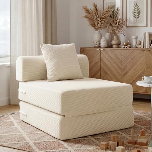 31.5'' Convertible Compressed Corduroy Folding Cloud Sofa Bed, Modern Boneless Pull Out Sleeper Sofa Couch in a Box, 3 in 1 Portable Lazy Floor Lounge Chair, No Assembly Needed, Beige, Pillow, Single - color: Beige, size: 31.5''