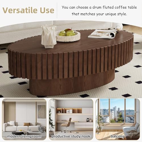 Oval Drum Fluted Coffee Table (C) | Modern Wood Coffee Table with Circle Pedestal Center Tables Fluted Accent Tea Tables for Apartment Living Room - color: C