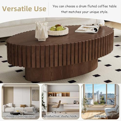 Oval Drum Fluted Coffee Table (C) | Modern Wood Coffee Table with Circle Pedestal Center Tables Fluted Accent Tea Tables for Apartment Living Room - color: C