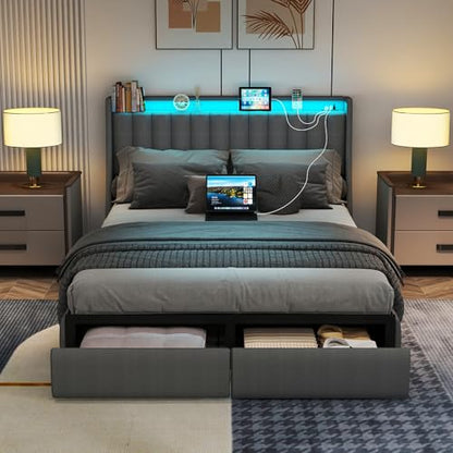 SADENICEL Queen Bed Frame with 2 Storage Drawer, Queen Size Bed Frame, Grey | Headboard with Charging Station and LED Lights, Metal Platform Bed with Storage Shelf, Noise Free, No Box Spring Needed - size: Queen, style: Channel Tufted & 2 Storage Drawers