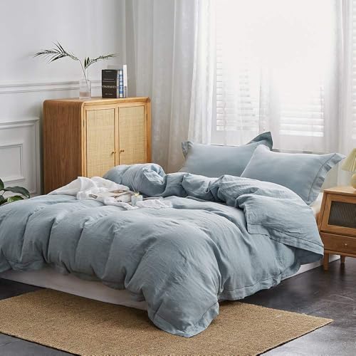 Simple&Opulence 100% Washed Linen Duvet Cover Set with Embroidered,3 Pieces Soft Farmhouse Comforter Set with Button Closure,1 Duvet Cover and 2 Pillowshams(Queen,Dusty Blue) - color: Embroidery Dusty Blue, size: Queen