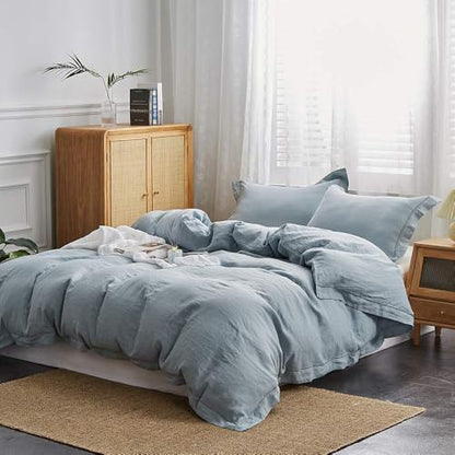 Simple&Opulence 100% Washed Linen Duvet Cover Set with Embroidered,3 Pieces Soft Farmhouse Comforter Set with Button Closure,1 Duvet Cover and 2 Pillowshams(Queen,Dusty Blue) - color: Embroidery Dusty Blue, size: Queen
