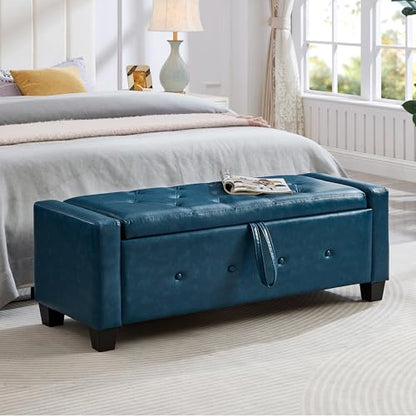 Storage Bench, 48‘’ Upholstered PU Leather Ottoman Bench with Button-Tufted, Folding Bedroom Bench with Wood Legs, Entryway Bench for Bedroom, Navy Blue - color: Navy Blue