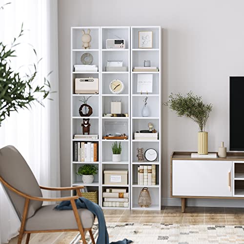 FOTOSOK 2 Pcs 71'' Tall Narrow Bookshelf, 8-Tier Media Tower Rack Set of 2 | CD DVD Storage Cabinet with Adjustable Shelves, Tall Narrow Bookcase Skinny Display Bookshelf Slim Shelf, White - color: White