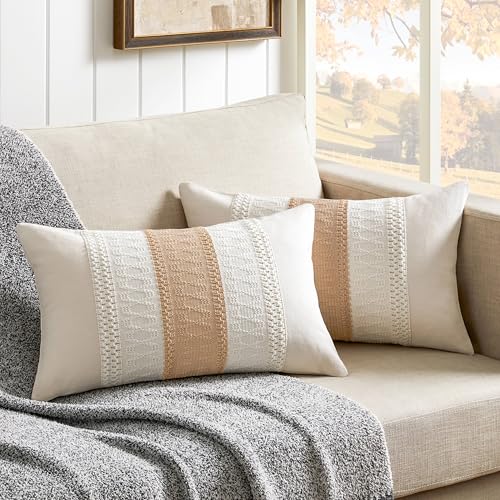 2 Pack Boho Lumbar Pillow Covers, Contrast Beige 12x20in | Soft Breathable Cotton, Farmhouse Decorative Couch Pillow Cases, Cushion Covers for Sofa Bed Living Room Home Decor - color: Contrast/Beige, size: 20" x 12" (Pack of 2)