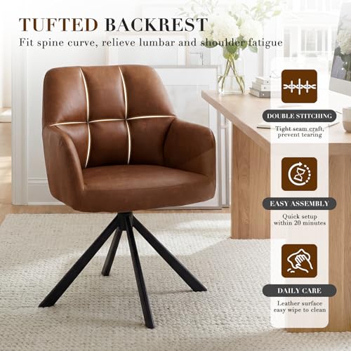 EALSON Comfy Leather Desk Chair Modern Computer Task Chair no Wheels Swivel Accent Chair with Mid Back Arm Chair for Living Room/Bedroom/Home Office, PU Brown - color: Brown