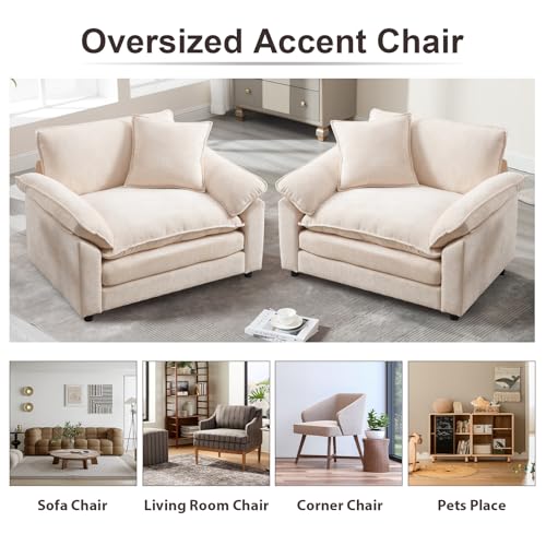 Oversized Chair Set of 2, Comfy Accent Chair Large Upholstered Armchair with Extra Thick and Deep Seat Lounge Sofa for Living Room,Bedroom,Apartment, Beige - color: Beige, size: 2