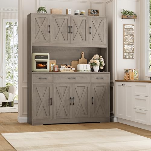 HOSTACK 71" Tall Kitchen Pantry Storage Cabinet, 55" W Kitchen Hutch, Grey | Large Pantry Cabinet with Charging Station / Countertop / 3 Drawers, Farmhouse Hutch Cabinet with Storage for Dining Room - color: Ash Grey