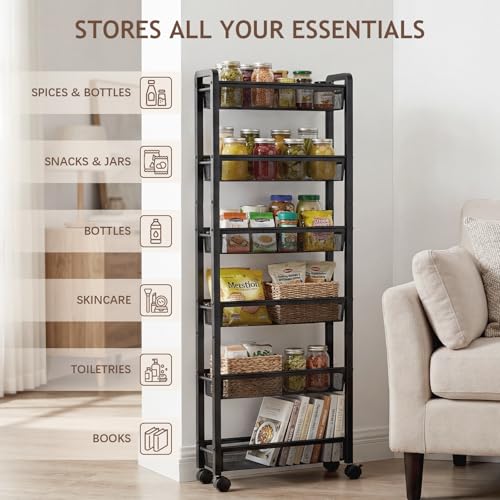 6 Tier Slim Rolling Storage Cart, Kitchen Organizer for Narrow Spaces