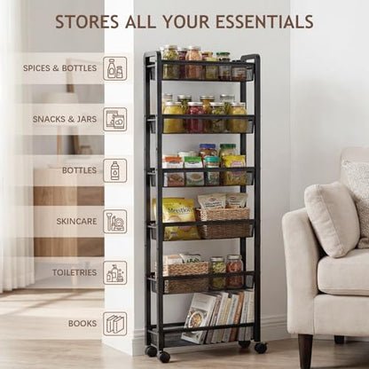 6 Tier Slim Rolling Storage Cart, Kitchen Organizer for Narrow Spaces