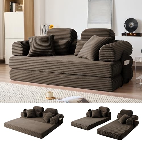 79" Convertible Sofa Bed with Side Pockets, 5-in-1 Corduroy Memory Foam Boneless Couch, Sleeper Loveseat, No Assembly Required, Folding Couches for Living Room (Brown) - color: Brown, size: 79" High Backrest Sofa with Pocket