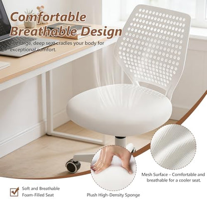 JPBSTO Armless Desk Chair, Height Adjustable Swivel Office Rolling Task Chairs with Soft Mesh Padded Cushion, Ergonomic Small Study Computer Chair - color: Solid White
