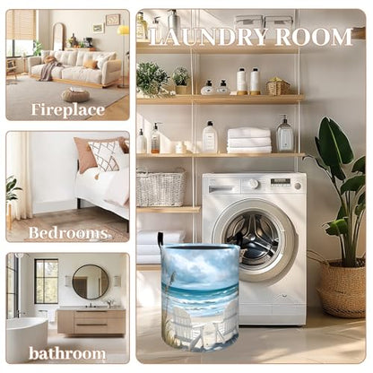 Coastal Laundry Basket, Oxford Cloth Nature Peaceful Dirty Clothes Collapsible Hamper for Room Decor, Ocean Beach and Chair Print Gifts Toy Organizer 19.7 * 15.7 Inch for Bedroom Bathroom Dorm - style: Coastal