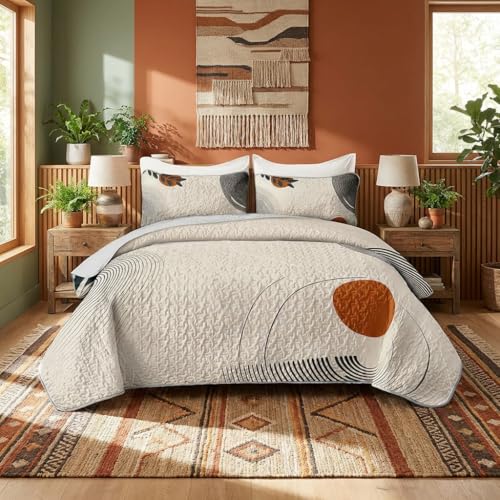 AILONEN Boho Mid Century Bedding Sets,Vintage Geometry Quilt Set Queen Size,Modern Minimalist Simplistic Bedspread Coverlet - Soft Lightweight 3Pcs 1 Quilt with 2 Pillowcases,Brown - color: Geometry30, size: Queen