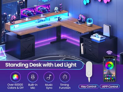 SEDETA Farmhouse L Shaped Standing Desk, 70.1" x 73.2" Height Adjustable Home Office Executive Desk with Drawers, Power Outlet, Monitor Stand, Sit Stand Table with Led Lights for Home Office, Black - color: Black