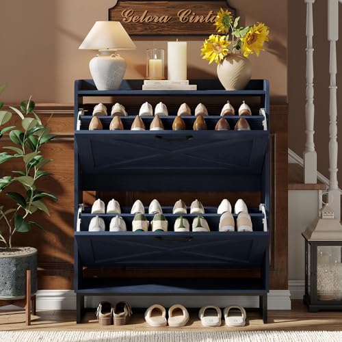 Maupvit Shoe Storage Cabinet with 2 Flip Drawers, Freestanding Shoe Organizer with Metal Legs for Entryway, Narrow Shoe Rack Cabinet, Blue - color: Blue, style: 2-Drawers