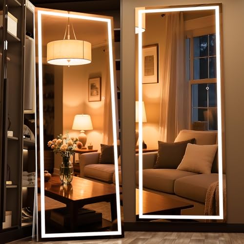 75" x 28" Full Length Mirror with Lights, LED Lighted Floor Standing Body Mirror, Dimmable & 3 Color Lighting for Bedroom, Cloakroom, Dressing Room, Tempered Glass, White Frame - color: White, size: 75"L x 28"W
