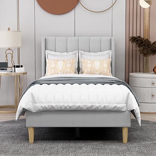 AGARTT Upholstered Platform Bed Frame Twin Size, Light Grey Linen | Headboard and Footboard/Wooden Slats Support/No Box Spring Needed/Easy Assembly - color: Light Grey Linen, size: Twin