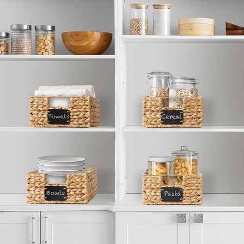 Casafield Set of 4 Water Hyacinth Pantry Baskets, 10" x 13" x 5", with Chalkboard Labels and Chalk Marker - Natural, Woven Storage Bin Organizers for Kitchen Shelves - color: Natural - Hyacinth, size: 10" x 13" x 5"