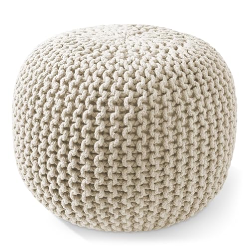 Casafield Round Pouf Ottoman, Natural - 20" Diameter x 14.5" High Cotton Knit Foot Stool - Boho Floor Pouffe for Living Room, Bedroom, Home Office - color: Natural, size: 20"D x 20"W x 14.5"H