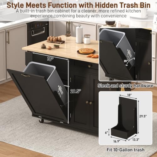 chartustriable 51" Kitchen Island with Drop Leaf,Kitchen Island Cart W/Rolling Trash Cabinet,Folding Drop Leaf,2 Drawers,Movable Carts on Wheels with Spice Rack&Towel Rack for Home, Dining Room - color: Black, size: 29.5"D x 51.2"W x 35.8"H