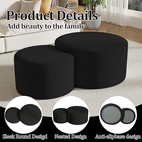 Round Nesting Coffee Table Set of 2,Upholstered Foam Ottoman Footrest Side Table Set,Modern Flannel Circle Coffee Table No Assembly for Living Room Entryway Bedroom,Black - color: Black
