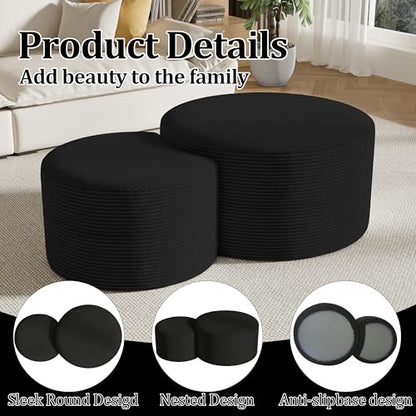 Round Nesting Coffee Table Set of 2,Upholstered Foam Ottoman Footrest Side Table Set,Modern Flannel Circle Coffee Table No Assembly for Living Room Entryway Bedroom,Black - color: Black