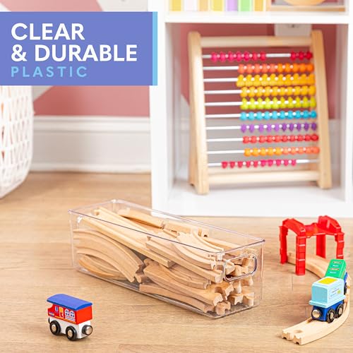 Plastic Food Storage 4 Pack Clear Container Bin with Handles for Organizing Kitchen, Pantry, Refrigerator, Freezer, Pantry, Cabinet, Closet, Bathroom. 14”x4”x4” - size: 14x4x4