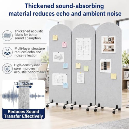 3-Panel Office wall Divider W/Wheels, 72 x 66 in Portable Partition wall | Office Dividers for Sound Proofing & Reducing, Freestandings Privacy Cubicle Temporary Wall with Whiteboards, pen, thumbtacks - color: Light Gray