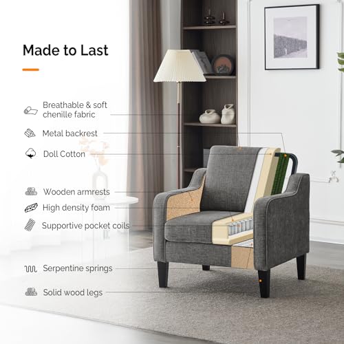 VINGLI Chair Light Grey Upholstered Chenille Accent Chair for Living Room, Bedroom, Mid-Century Modern Arm Chair Comfy Reading Chair with Scooped Arms - color: Light Grey
