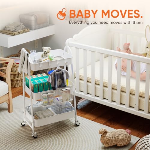 Sekey 3 Tier Rolling Cart, Hanging Cups, Hooks, Heavy Duty Mesh Rolling Storage Cart Organizer with 2 Lockable Wheels for Bathroom, Kitchen, Office, Craft, Makeup, Baby Essentials, White - color: White