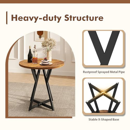 Small Dining Table, 31.5" Round Kitchen Table for 2 with X-Shaped Metal Pedestal Base, Wooden Dining Room Table for Small Spaces, Cafe, Apartment, Living Room, Office (Rustic Brown+Black)