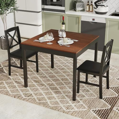 GOFLAME 3-Piece Dining Table Set for 2, Wooden Square Kitchen Table with 2 Upholstered Chairs, Space-Saving Dining Room Furniture Set for Dining Room, Breakfast Nook, Small Space, Brown & Black - color: Brown & Black